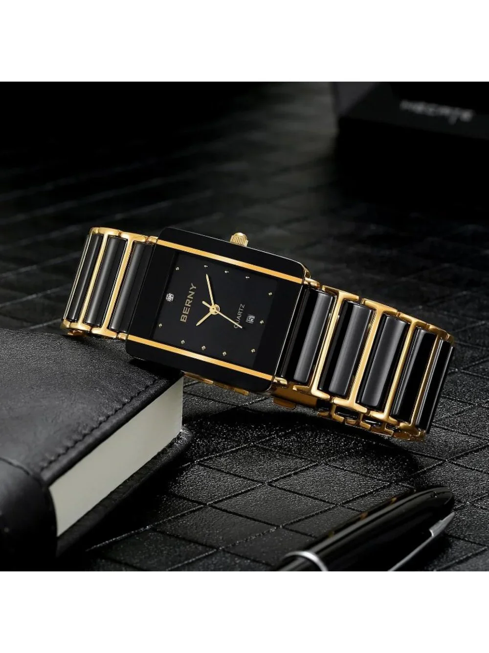 Men’s Black Gold Ceramic Bracelet Quartz Stainless Steel Case Wrist Watches